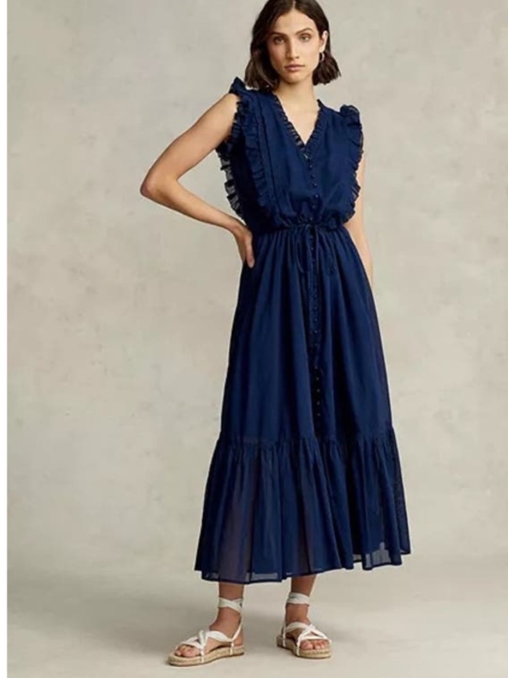 Polo Ralph Lauren Blue Cotton Sleeveless Ruffled Maxi Dress Size 14